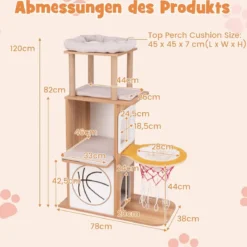 Kratzbaum aus Holz 120 cm großer Kletterturm mit Sportthema mit 2-stöckigem Katzenhaus Natur