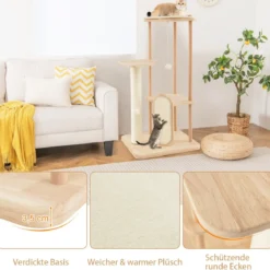 Kratzbaum aus Holz mehrstöckiger Katzenturm mit Kratzbrett Sisalpfosten gepolstertem Sitz 59 x 47 x 112 cm Beige