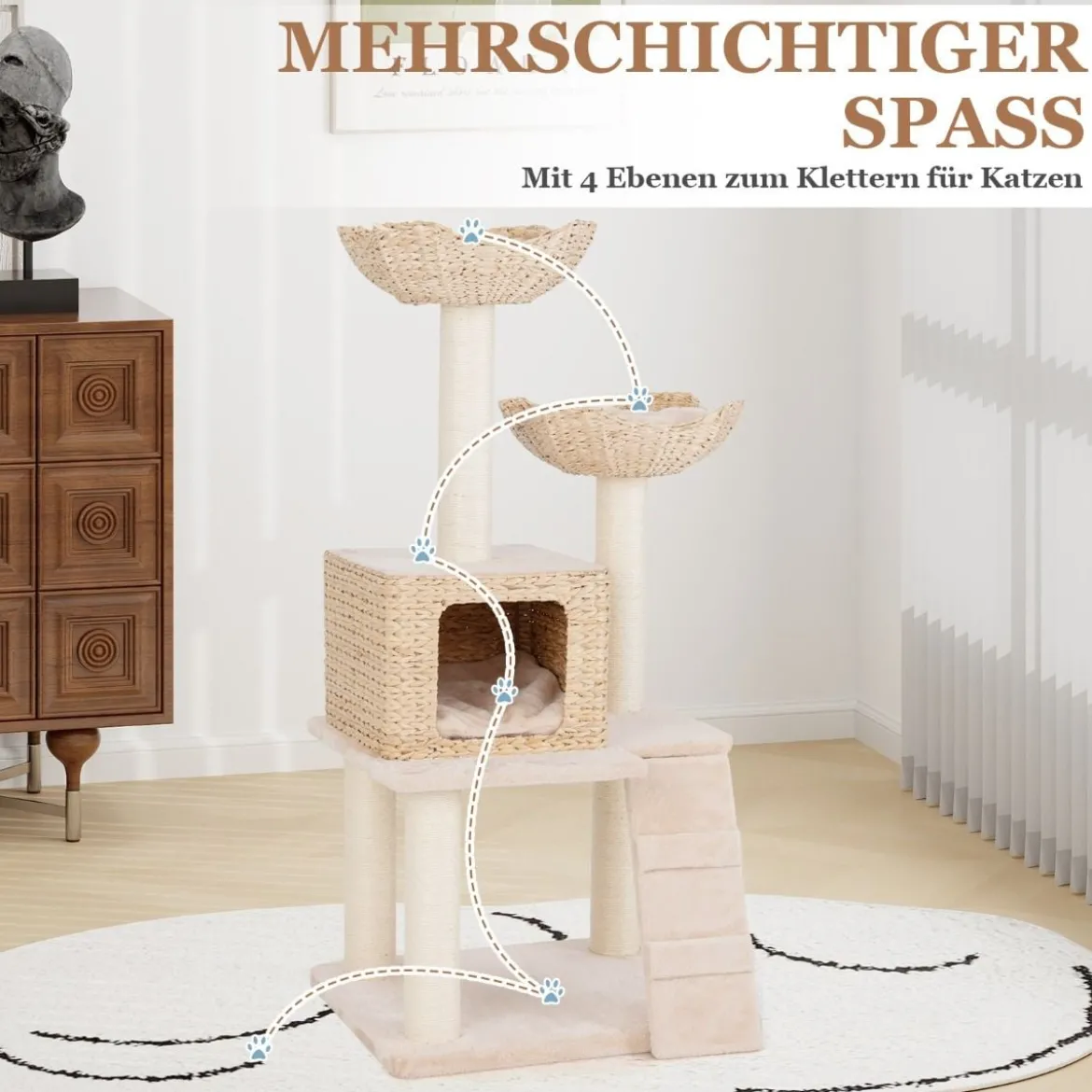 Kratzbaum aus Rohrkolben mit Sisalpfosten & Sitzfläche & Katzenhaus & Leiter Katzenturm
