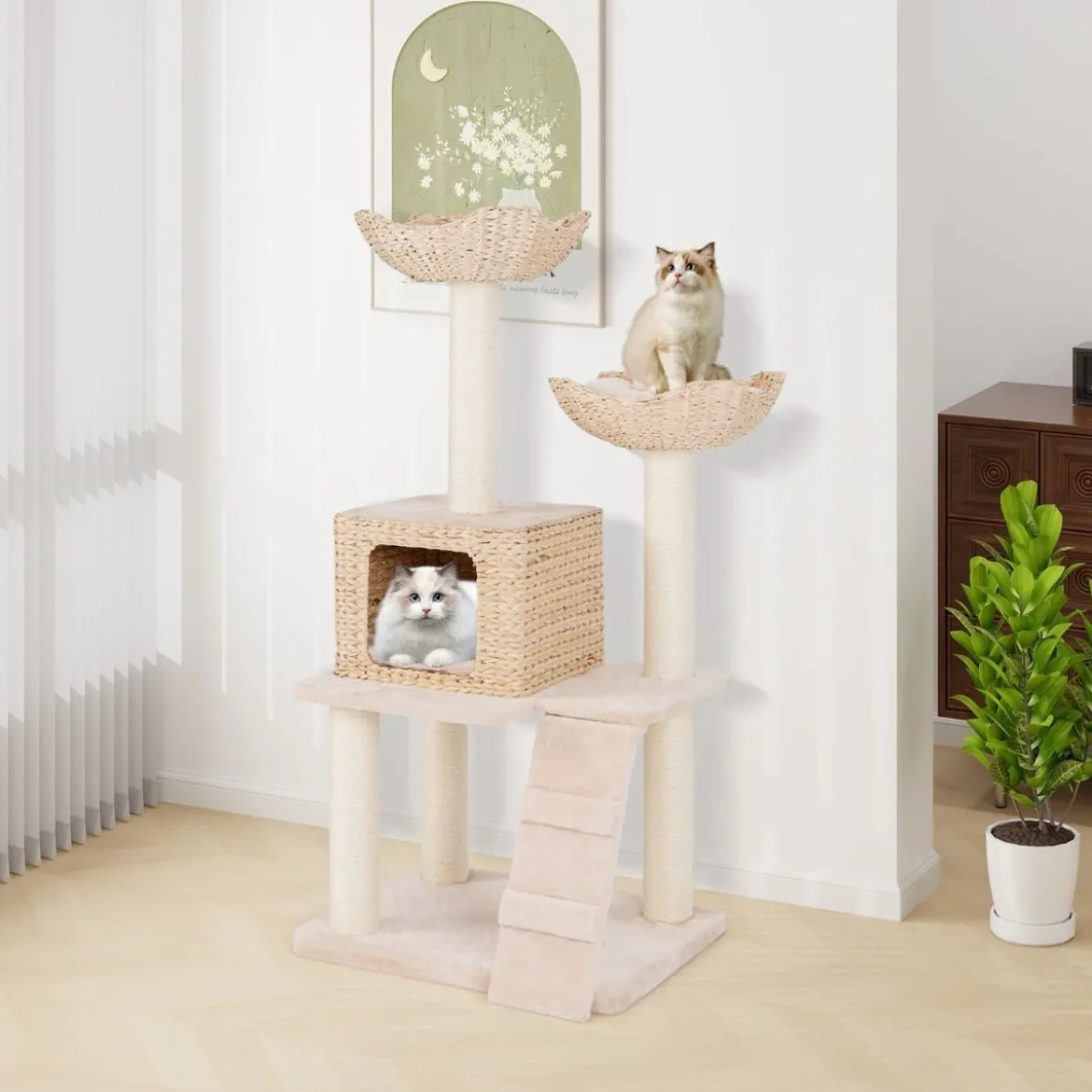 Kratzbaum aus Rohrkolben mit Sisalpfosten & Sitzfläche & Katzenhaus & Leiter Katzenturm