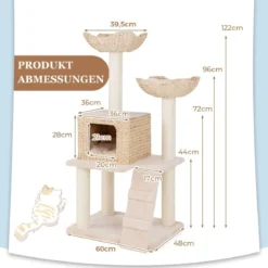 Kratzbaum aus Rohrkolben mit Sisalpfosten & Sitzfläche & Katzenhaus & Leiter Katzenturm