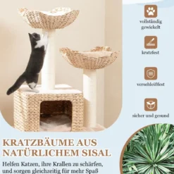 Kratzbaum aus Rohrkolben mit Sisalpfosten & Sitzfläche & Katzenhaus & Leiter Katzenturm