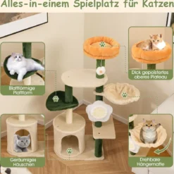Kratzbaum 114 cm hoch Katzenbaum mit Katzenhöhle blumenförmiger Sitzfläche Grün+Beige