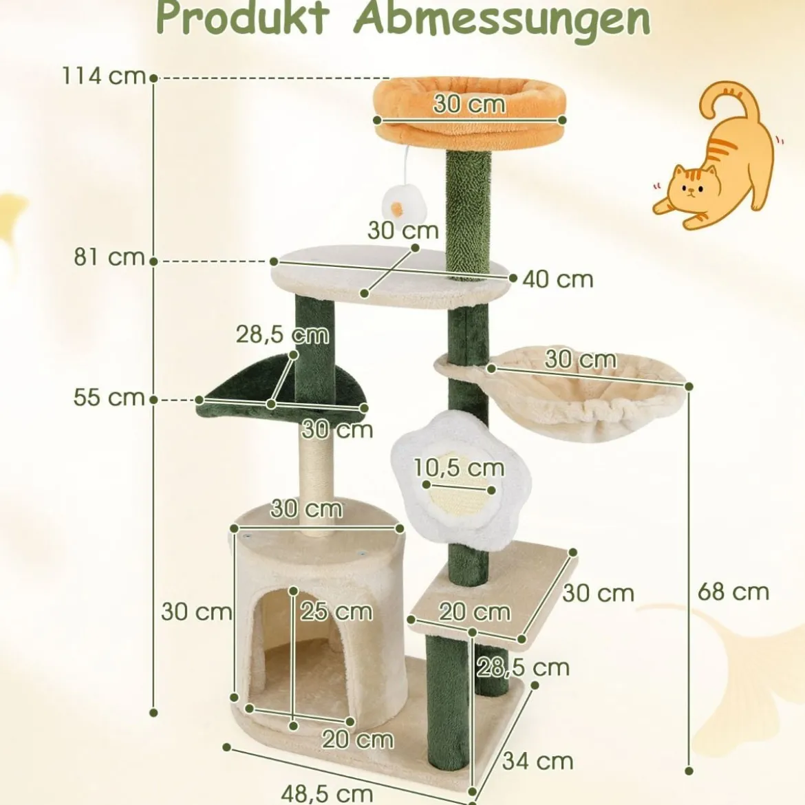 Kratzbaum 114 cm hoch Katzenbaum mit Katzenhöhle blumenförmiger Sitzfläche Grün+Beige