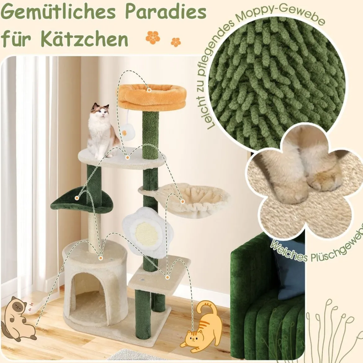 Kratzbaum 114 cm hoch Katzenbaum mit Katzenhöhle blumenförmiger Sitzfläche Grün+Beige