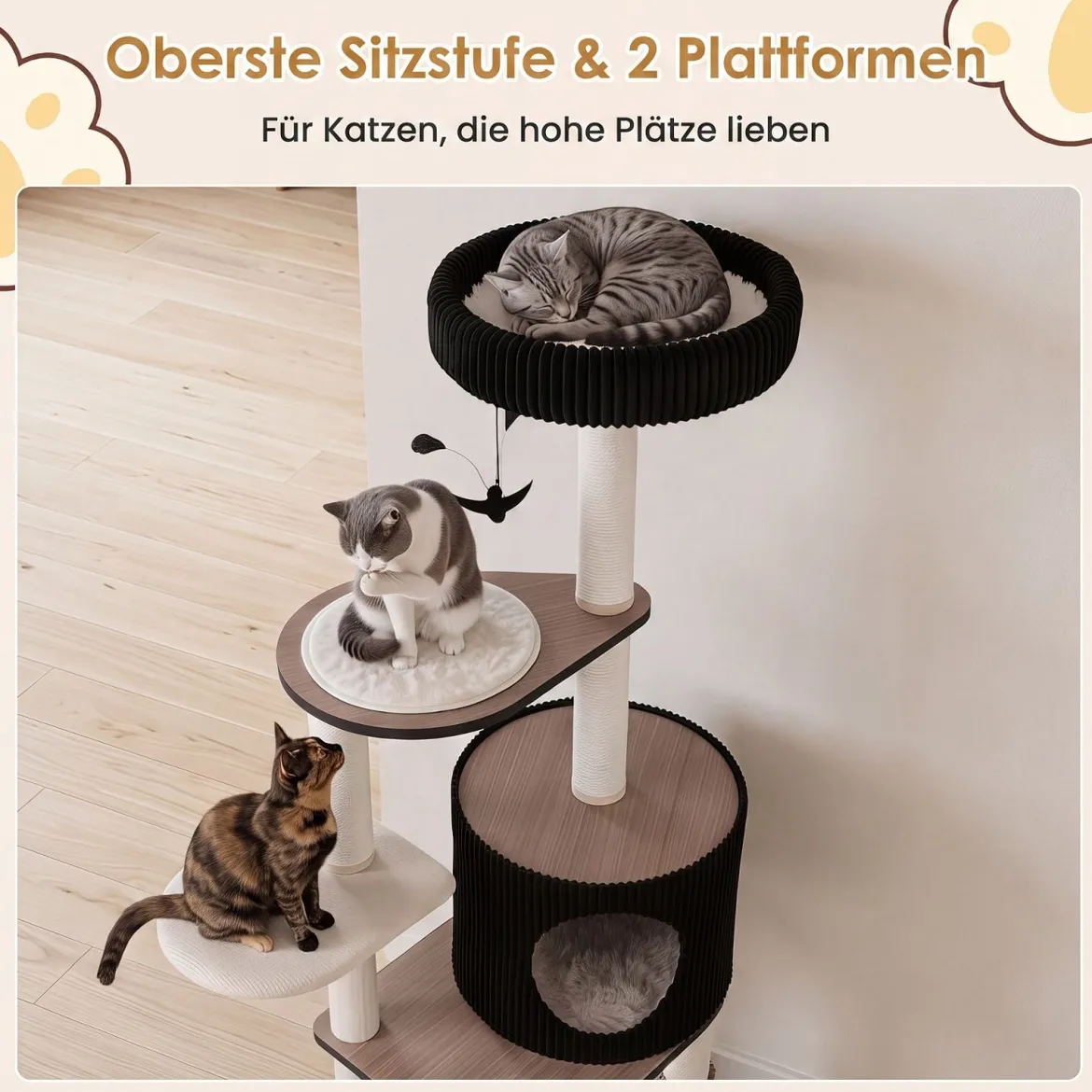 Kratzbaum 155 cm Hoch Vielseitiger Katzenbaum mit Kratzsäulen Weich Gepolsterter Höhle & 3 Plattformen