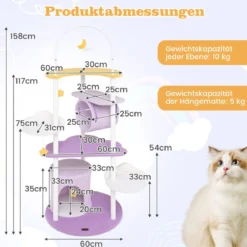 Kratzbaum 158 cm Katzenbaum mit Katzenhöhle Tunnel Hängespielzeug & großer mondförmiger Liegefläche Lila+Weiß