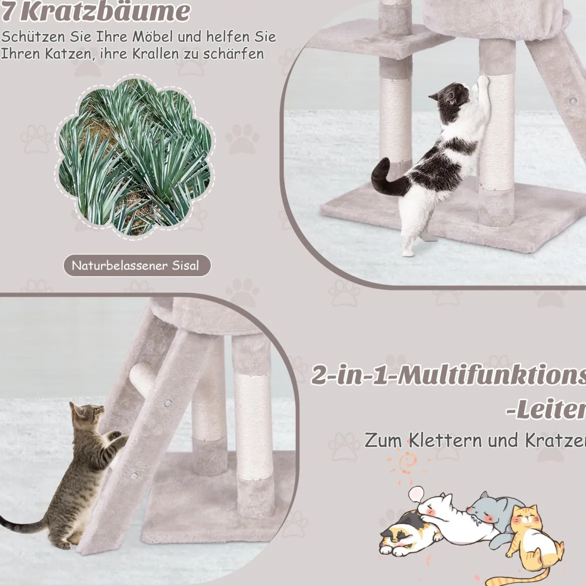 Kratzbaum 140 cm Katzenbaum mit Plattformen Katzenkratzbaum Katzen Katzenmöbel Kletterbaum Aktivitätsbaum Beige