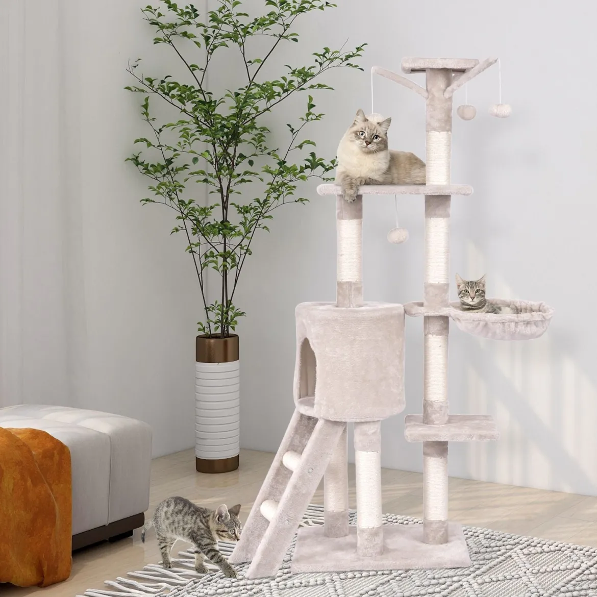 Kratzbaum 140 cm Katzenbaum mit Plattformen Katzenkratzbaum Katzen Katzenmöbel Kletterbaum Aktivitätsbaum Beige