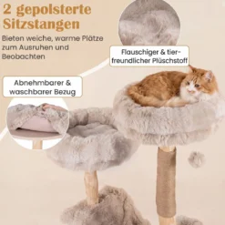 Kratzbaum 147 cm Katzenkratzbaum mit Höhle Hängematte & 3 Plattformen aus Massivholz & Plüsch