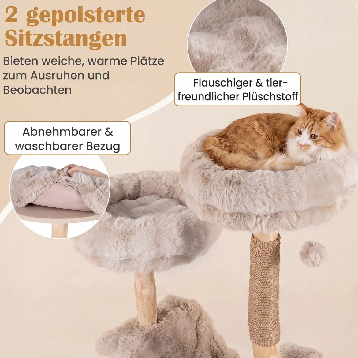 Kratzbaum 147 cm Katzenkratzbaum mit Höhle Hängematte & 3 Plattformen aus Massivholz & Plüsch
