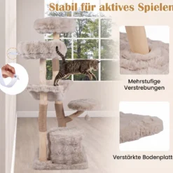 Kratzbaum 147 cm Katzenkratzbaum mit Höhle Hängematte & 3 Plattformen aus Massivholz & Plüsch