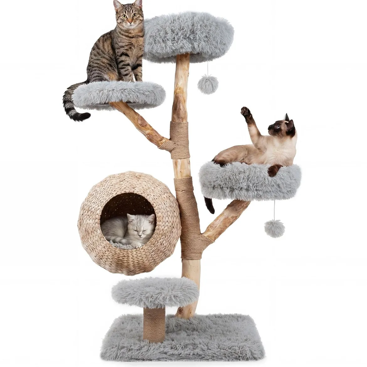 Kratzbaum 134 cm 5-stöckig Katzenbaum mit Höhle Hängeball Gepolsterte Plattformen & Kratzsäulen Grau
