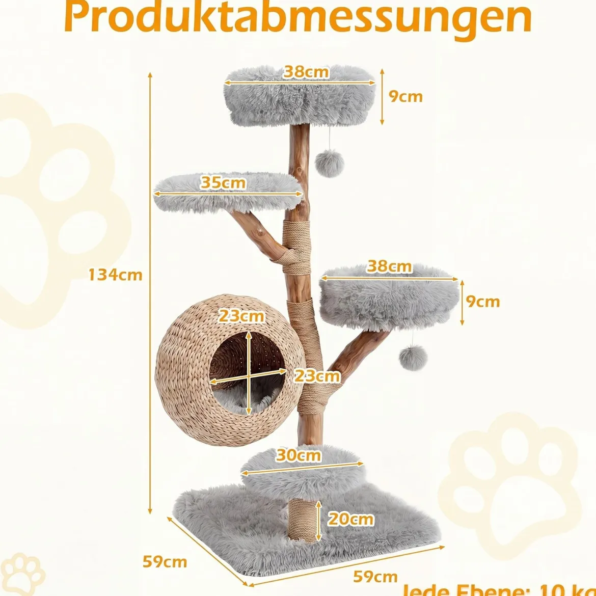 Kratzbaum 134 cm 5-stöckig Katzenbaum mit Höhle Hängeball Gepolsterte Plattformen & Kratzsäulen Grau