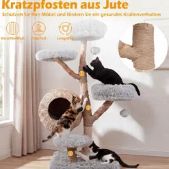 Kratzbaum 134 cm 5-stöckig Katzenbaum mit Höhle Hängeball Gepolsterte Plattformen & Kratzsäulen Grau