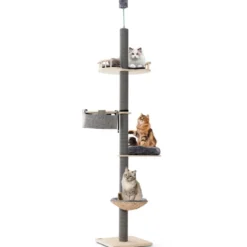 Kratzbaum deckenhoch 236-271 cm von Boden bis Decke Katzenmöbel Holz Grau