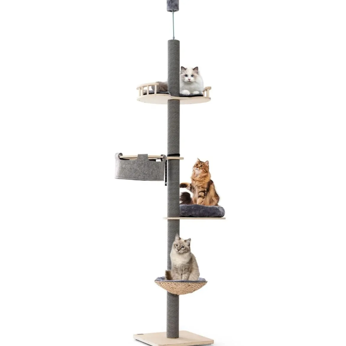 Kratzbaum deckenhoch 236-271 cm von Boden bis Decke Katzenmöbel Holz Grau