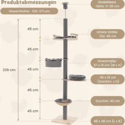 Kratzbaum deckenhoch 236-271 cm von Boden bis Decke Katzenmöbel Holz Grau