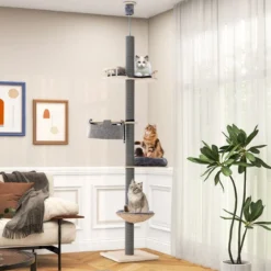 Kratzbaum deckenhoch 236-271 cm von Boden bis Decke Katzenmöbel Holz Grau