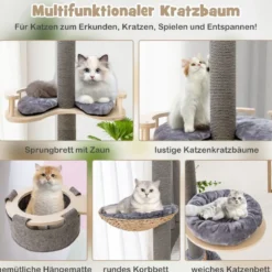 Kratzbaum deckenhoch 236-271 cm von Boden bis Decke Katzenmöbel Holz Grau
