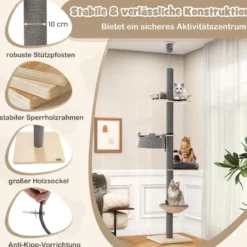 Kratzbaum deckenhoch 236-271 cm von Boden bis Decke Katzenmöbel Holz Grau