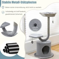Kratzbaum für drinnen mit gebogenem Metallrahmen 3-Ebenen Katzenaktivitätszentrum Grau