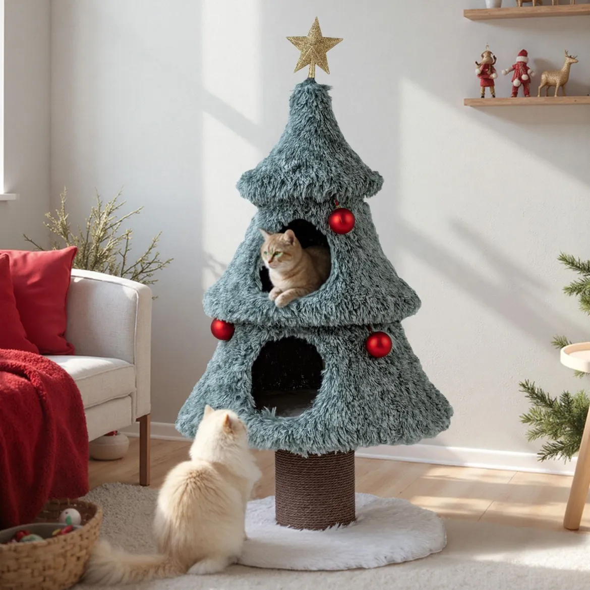 Kratzbaum für Weihnachten mit 2 Katzenhöhlen Katzenbaum Weihnachtsbaum Katzenkratzbaum