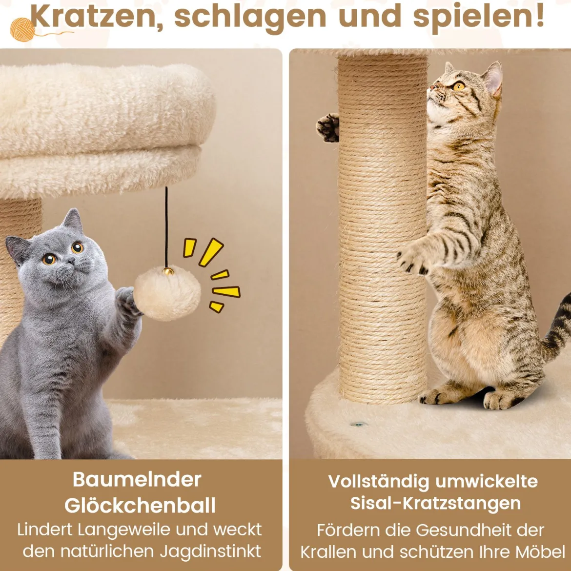 Kratzbaum holz 102cm mehrstufiger Katzenturm mit Höhle gepolstertem Aussichtsplatz Sisal-Kratzpfosten Beige