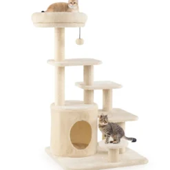 Kratzbaum holz 102cm mehrstufiger Katzenturm mit Höhle gepolstertem Aussichtsplatz Sisal-Kratzpfosten Beige