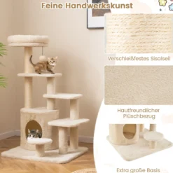 Kratzbaum holz 102cm mehrstufiger Katzenturm mit Höhle gepolstertem Aussichtsplatz Sisal-Kratzpfosten Beige