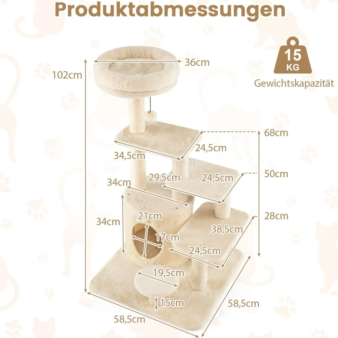 Kratzbaum holz 102cm mehrstufiger Katzenturm mit Höhle gepolstertem Aussichtsplatz Sisal-Kratzpfosten Beige