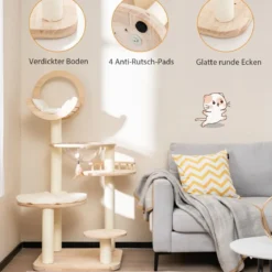 Kratzbaum Holz 4 DIY-Formen Katzenbaum mit Plattformen & Raumkapsel & Sisalpfosten 60 x 60 x 146 cm Eichenholz Beige