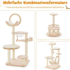 Kratzbaum Holz 4 DIY-Formen Katzenbaum mit Plattformen & Raumkapsel & Sisalpfosten 60 x 60 x 146 cm Eichenholz Beige