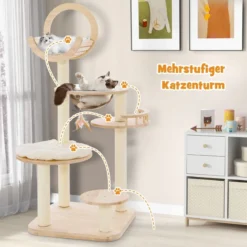 Kratzbaum Holz 4 DIY-Formen Katzenbaum mit Plattformen & Raumkapsel & Sisalpfosten 60 x 60 x 146 cm Eichenholz Beige