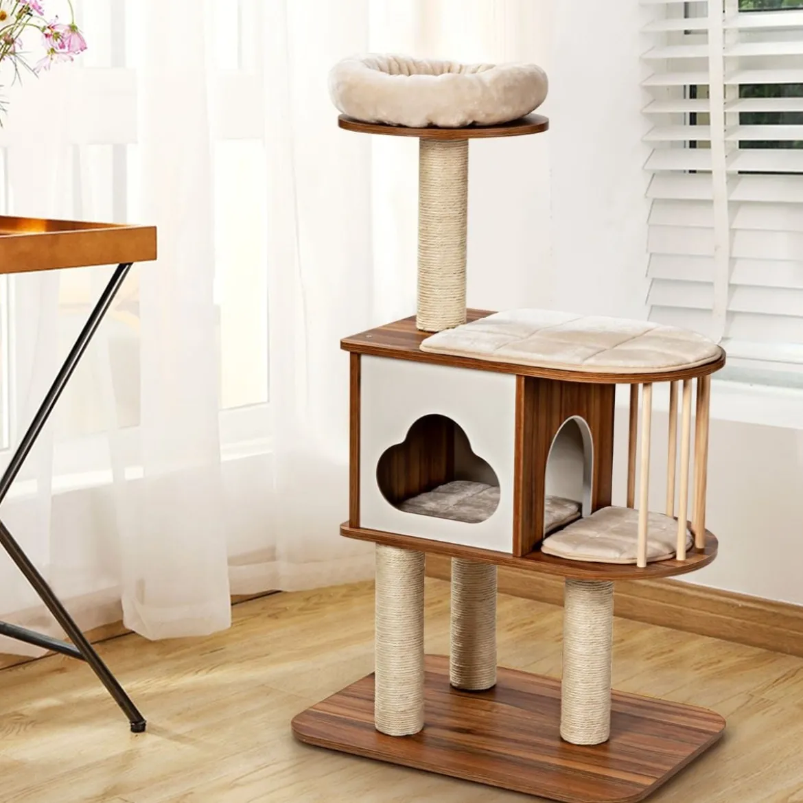 Kratzbaum Holz Katzenbaum Katze Höhle Kletterbaum mit waschbaren Kissen Katzenkratzbaum