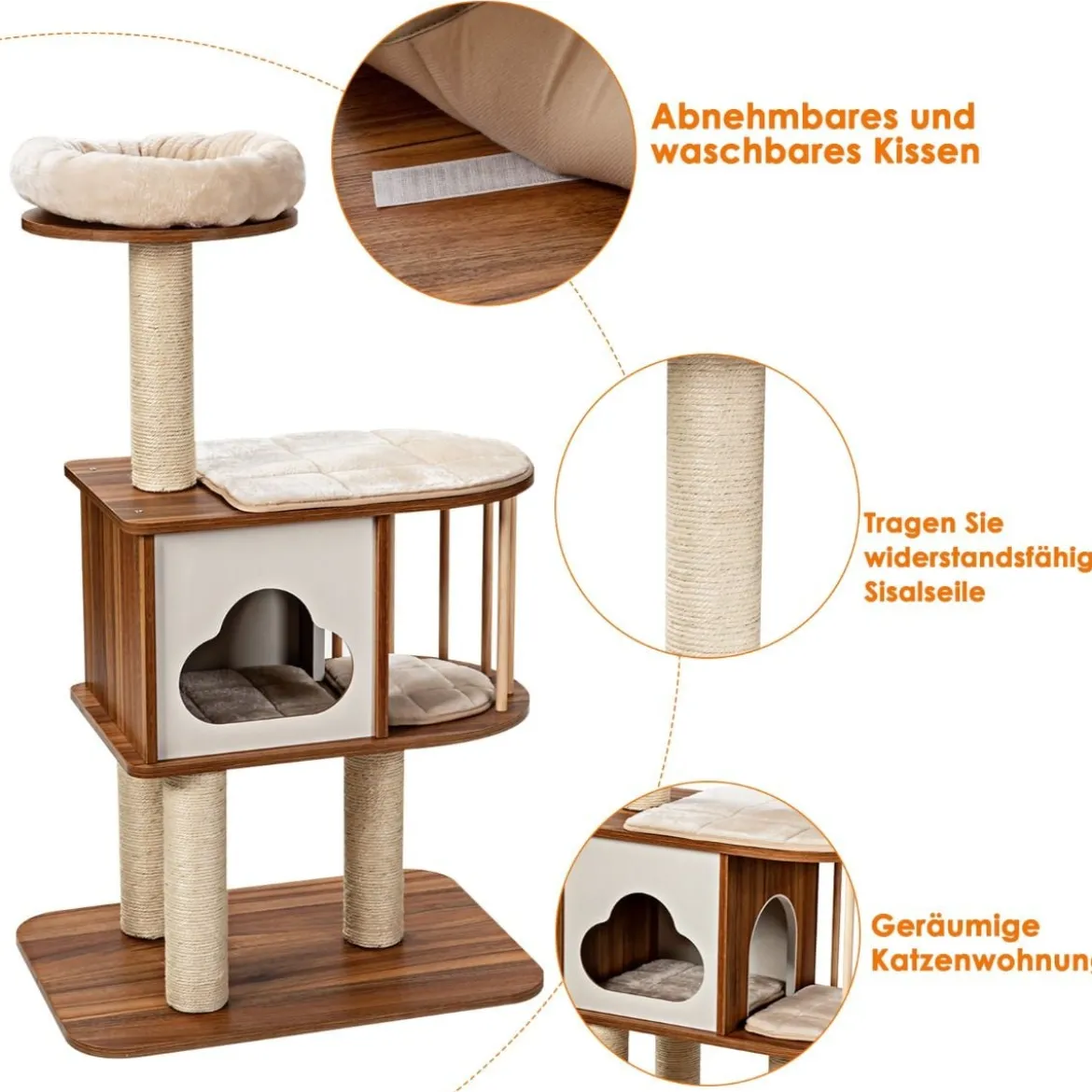Kratzbaum Holz Katzenbaum Katze Höhle Kletterbaum mit waschbaren Kissen Katzenkratzbaum