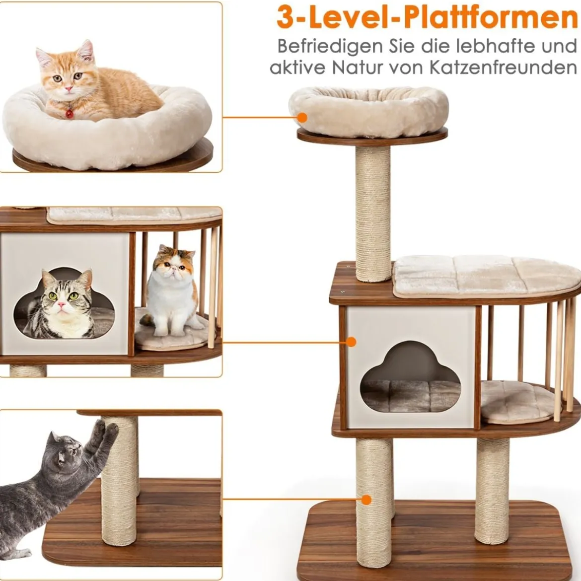 Kratzbaum Holz Katzenbaum Katze Höhle Kletterbaum mit waschbaren Kissen Katzenkratzbaum