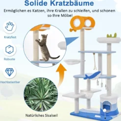 Kratzbaum im Meeresmotiv mehrstöckiger Katzenturm mit Sisal überzogenen Pfosten Blau 69 x 49 x 168 cm
