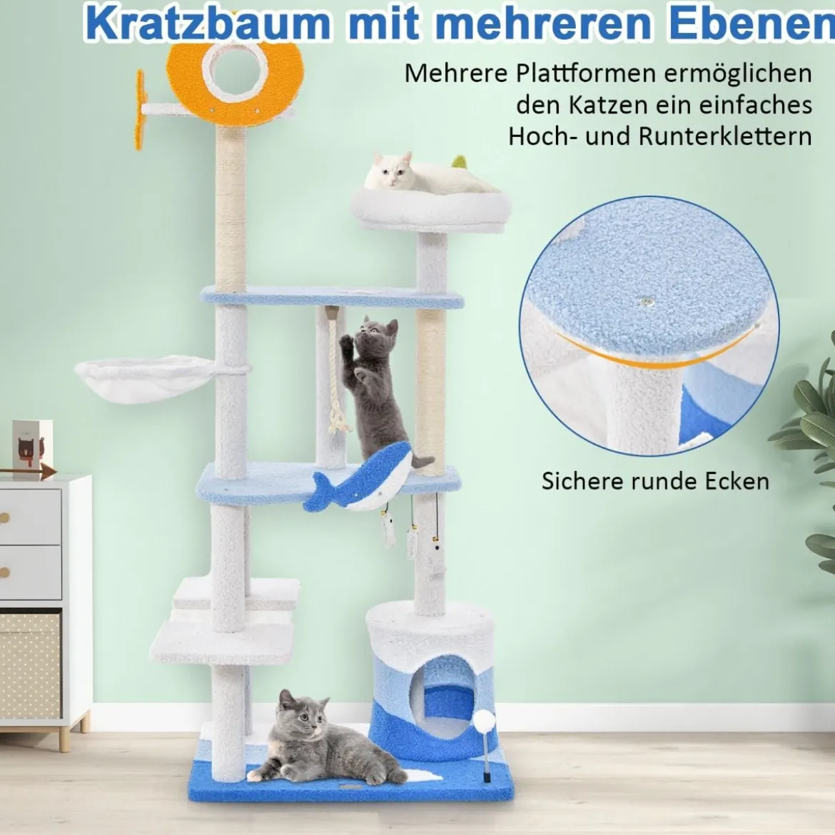 Kratzbaum im Meeresmotiv mehrstöckiger Katzenturm mit Sisal überzogenen Pfosten Blau 69 x 49 x 168 cm