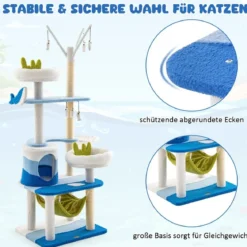 Kratzbaum im Meeresmotiv mit Sisalpfosten & Katzenhöhle & Sitzflächen & Hängematte Blau