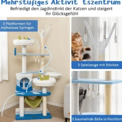 Kratzbaum im Meeresmotiv mit Sisalpfosten & Katzenhöhle & Sitzflächen & Hängematte Blau