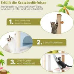 Kratzbaum im Strand-Design mit 2 Katzenhäusern & Aussichtsplattform Katzenturm Katzenbaum