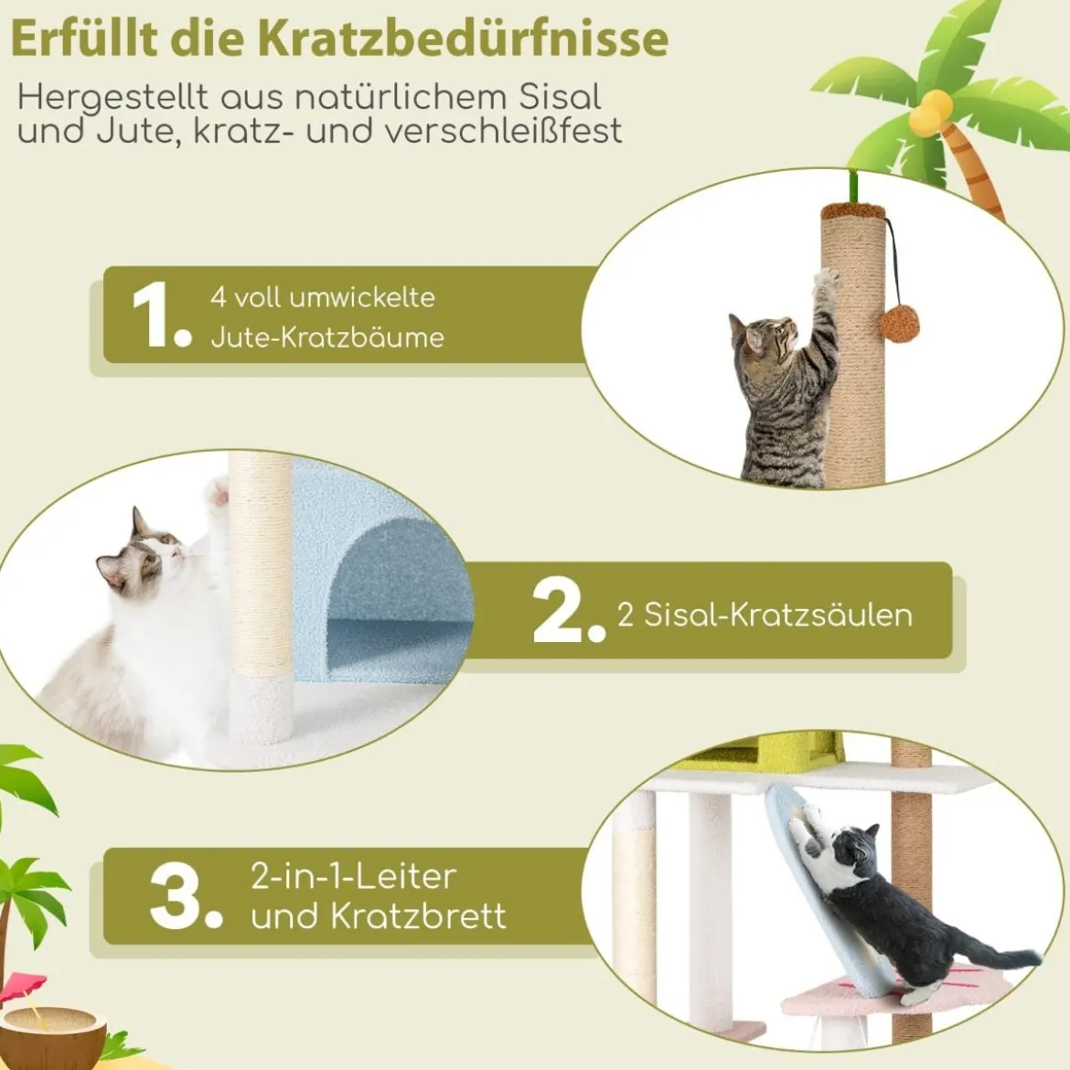 Kratzbaum im Strand-Design mit 2 Katzenhäusern & Aussichtsplattform Katzenturm Katzenbaum