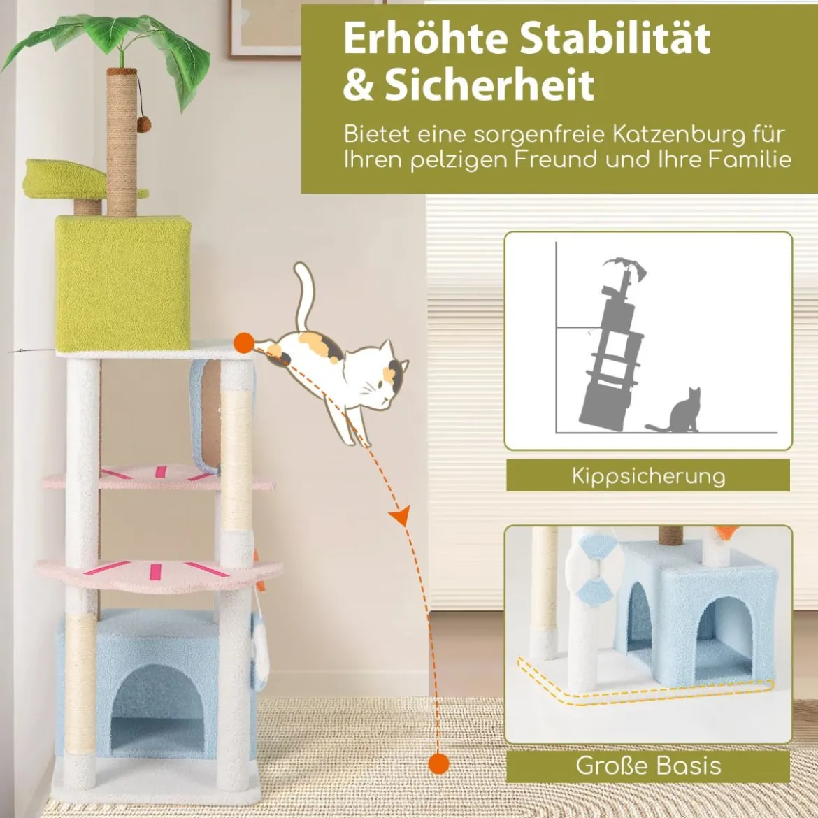 Kratzbaum im Strand-Design mit 2 Katzenhäusern & Aussichtsplattform Katzenturm Katzenbaum