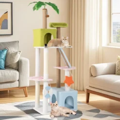 Kratzbaum im Strand-Design mit 2 Katzenhäusern & Aussichtsplattform Katzenturm Katzenbaum