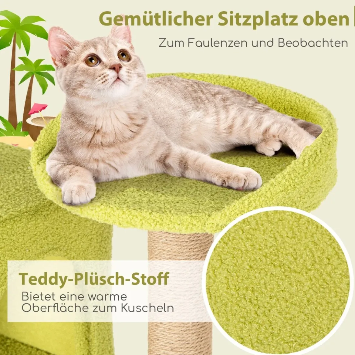 Kratzbaum im Strand-Design mit 2 Katzenhäusern & Aussichtsplattform Katzenturm Katzenbaum