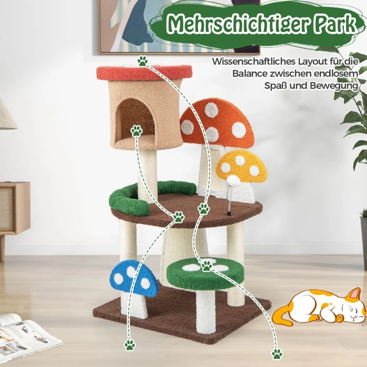 Kratzbaum in Pilzoptik Katzenbaum mit Katzenhöhle & Sisal-Kratzbrett & Spielball 59 x 48 x 102 cm