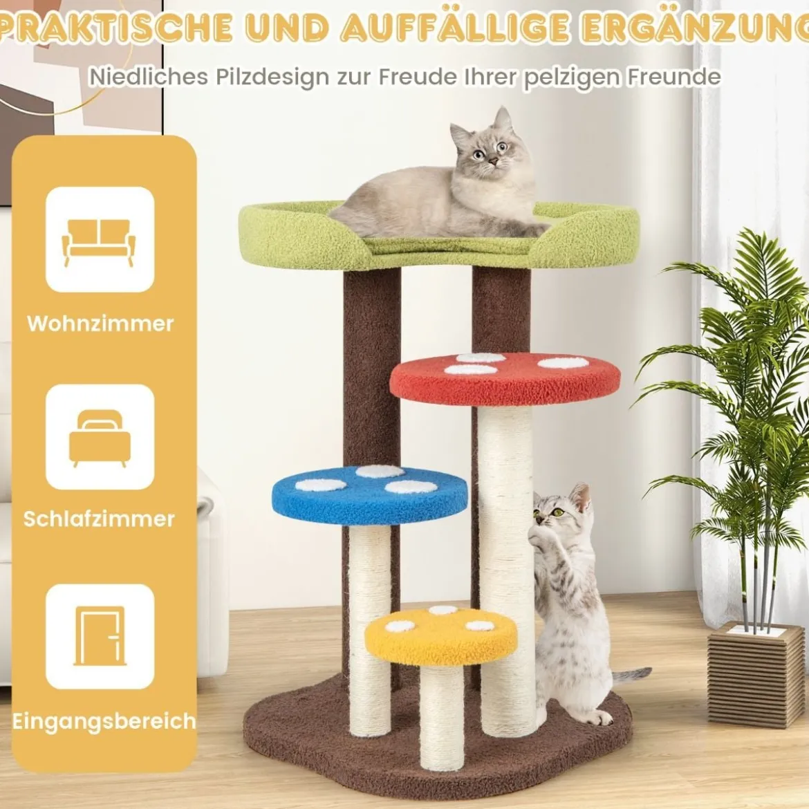 Kratzbaum in Pilzoptik 5-stöckiger Katzenbaum mit 3 Sisalpfosten Kletterbaum klein aus Teddystoff 60 x 65 x 94 cm Bunt