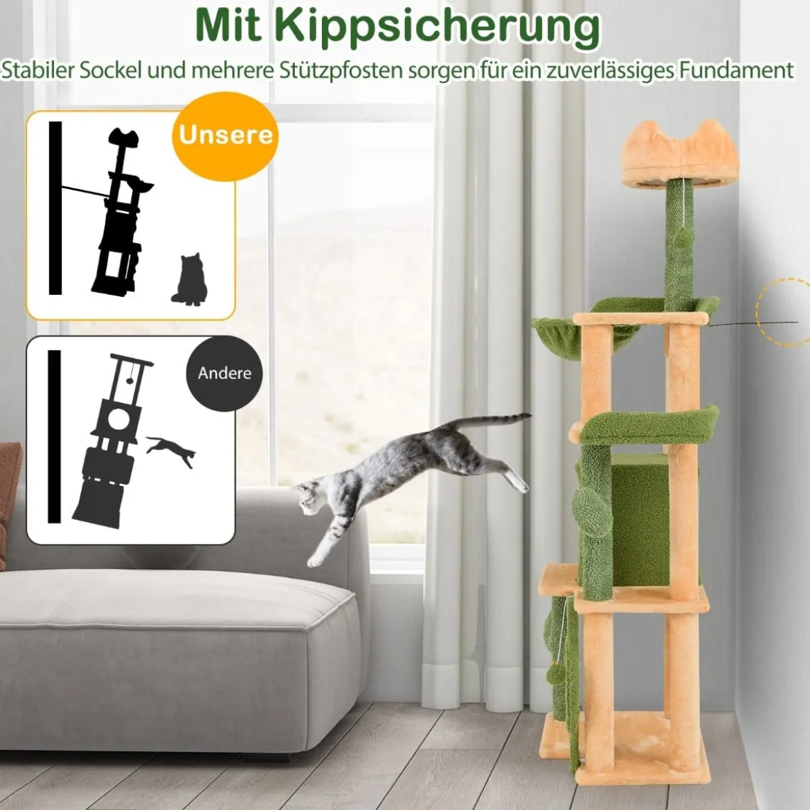 Kratzbaum Kaktus 160cm Katzenbaum mit Katzenhöhle Katzenkratzbaum Spielbaum Holz