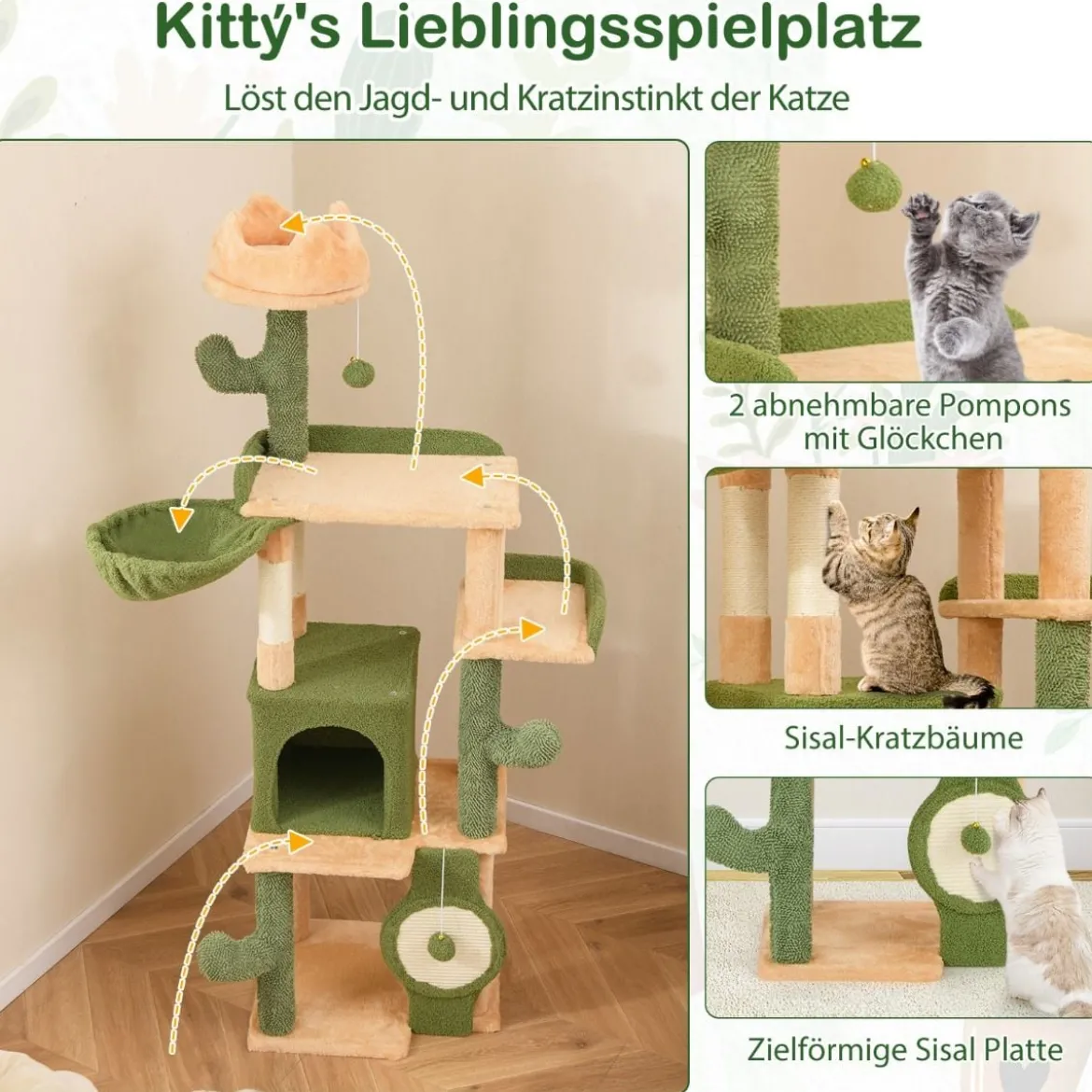 Kratzbaum Kaktus 160cm Katzenbaum mit Katzenhöhle Katzenkratzbaum Spielbaum Holz